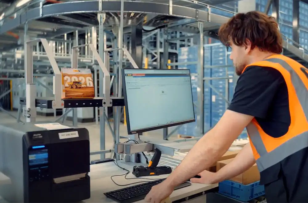 Une personne sur un écran Warehouse Management System SAVOYE